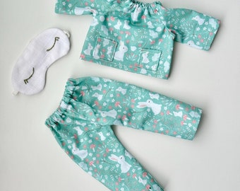 Conjunto de pijama artesanal para bonecas de 13 a 16 polegadas: pijama de algodão e máscara de dormir