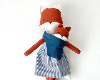 Handmade Mama Fox With Baby, Stuffed Animal Fox Doll Set, Cute Soft Toy with Clothes, Unique Birthday Gift For Kids