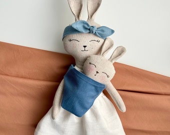Handmade Mama Bunny with Baby - Personalised Stuffed Animal Doll Set, Cute Soft Toys with Clothes and Accessories, Bunny Family