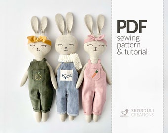 Bunny in overall naaipatroon PDF en tutorial, DIY paashaas, direct downloaden