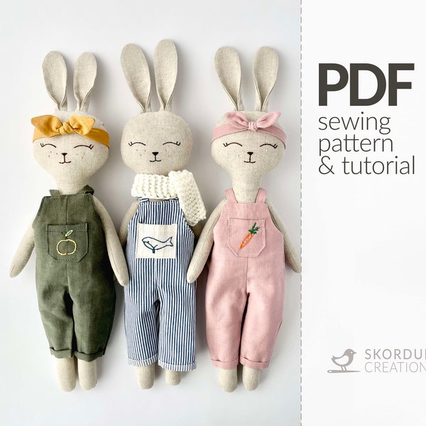 Bunny in Overalls Sewing Pattern PDF and Tutorial, DIY Easter Bunny, Instant Download