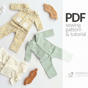 May include: PDF sewing pattern and tutorial for making pajamas for dolls. The image shows three sets of pajamas in different patterns and colors, along with eye masks. The text "PDF sewing pattern & tutorial" and "SKORDULI CREATIONS" is visible in the image.