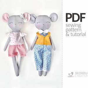 May include: Two handmade gray mouse dolls wearing fabric clothing. One doll has pink ears and a white bow, a pink and white heart-patterned top, and red gingham shorts. The other doll has a yellow vest, blue leaf-patterned pants, and a white bow tie. Text reads "PDF sewing pattern & tutorial."
