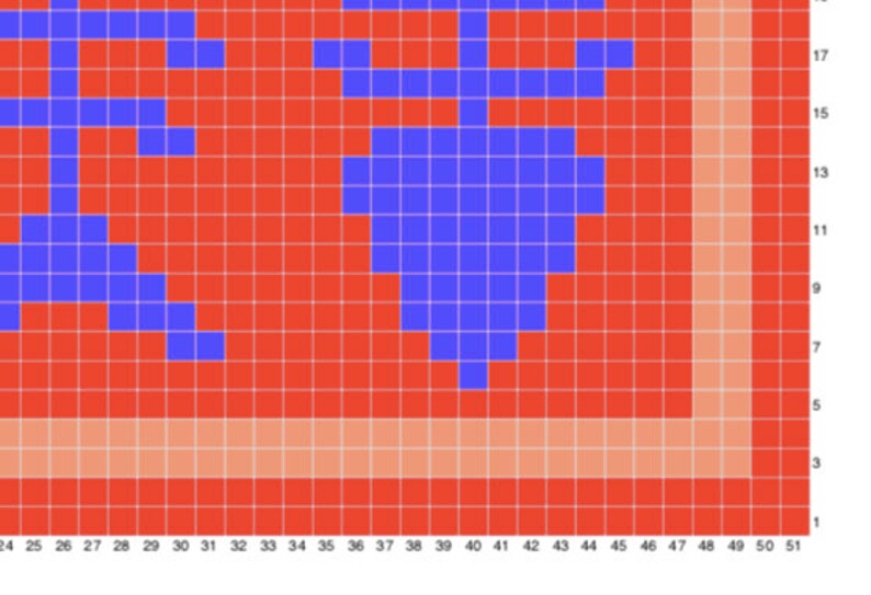 May include: A grid pattern with red and blue squares. The blue squares are arranged in a heart shape in the center of the grid.