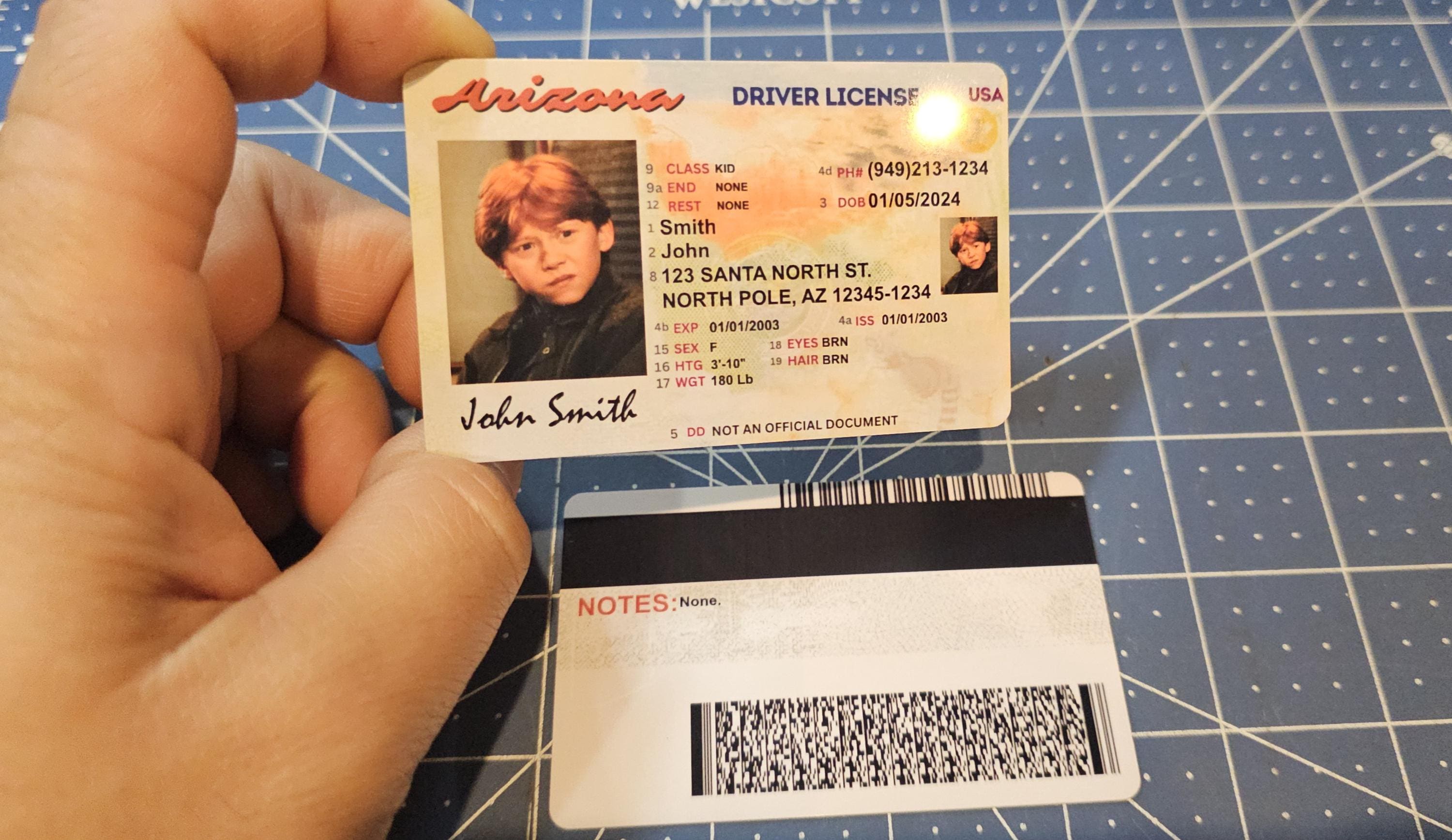 Arizona Custom Kids Driver's License, Child Safety ID Badge (front