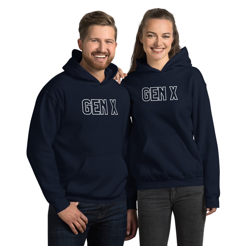 May include: Two navy blue hooded sweatshirts with white text that reads "GEN X" on the front.