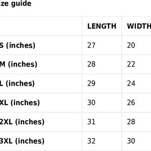 May include: Size guide for a garment with measurements in inches for length and width. Sizes include S, M, L, XL, 2XL, and 3XL.