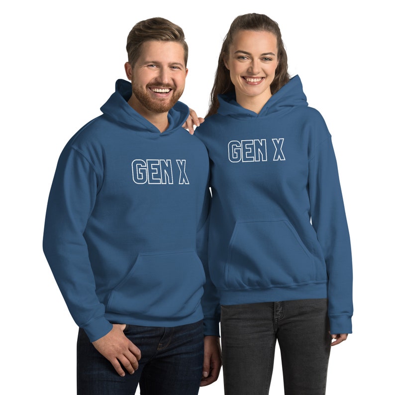 May include: Two blue hooded sweatshirts with white text that says "GEN X" on the front.