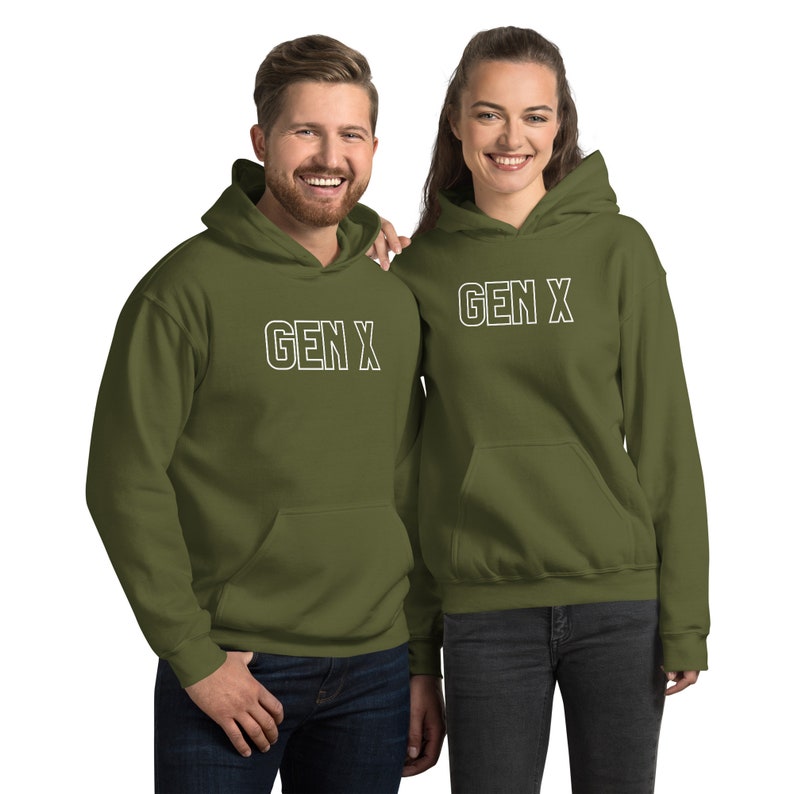 May include: Two green hooded sweatshirts with white text that says "GEN X" on the front.