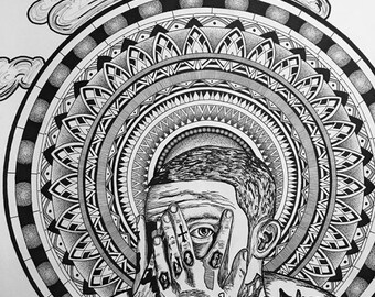 Puede incluir: Ilustración en blanco y negro de una persona con las manos cubriéndose la cara. La persona está rodeada por un diseño de mandala. La cita "IT'S HARD TO DREAM, When you're deep inside of one" - Mac Miller está escrita en la parte superior de la imagen.