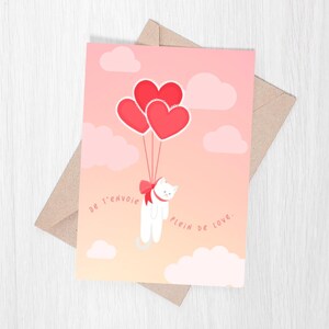 Carte de Saint-Valentin avec chat | Français ou anglais (vierge) | Je t'envoie plein de love | 5x7po | Papier 100 lbs.
