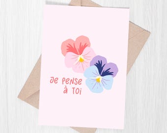 Blank Greeting Card | Thinking of You with Pansy Flowers | 5x7in