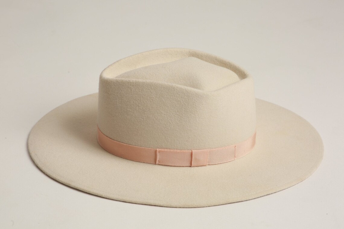 White Fedora With Light Pink Band Wool Felt Wide Brim Hats Etsy
