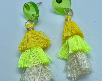 Resin and tassel earrings, transparent lime glitter studs with ombré effect cream, yellow and neon yellow tassels