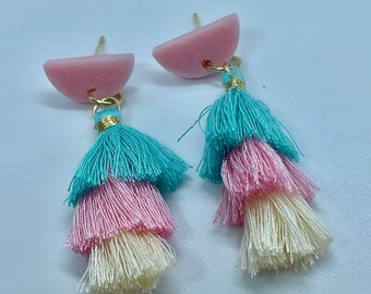 Resin and tassel earrings, pink glitter studs with ombré effect cream, blue and pink tassels