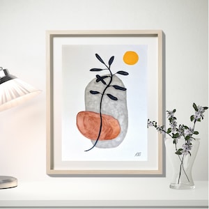 Original Painting Watercolor Sienna Branch Sun Minimalist Mid-Century Modern Decor Wall Art