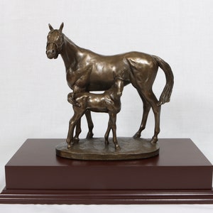 Mare and Foal Equestrian Bronze Trophy Med Mahogany Finish Base