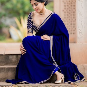 Blue Bridal Wear Georgette Saree With Embroidery Velvet Blouse For Indian USA Women Saree For Gift For Wedding Wear