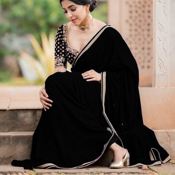Saree en pure georgette, 60 grammes, avec bordure en dentelle Moti, avec broderies en velours épais 9000 et chemisier entièrement décousu, sari indien