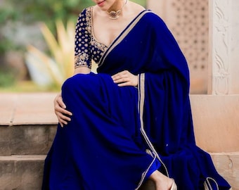 Blue Bridal Wear Georgette Saree With Embroidery Velvet Blouse For Indian USA Women Saree For Gift For Wedding Wear