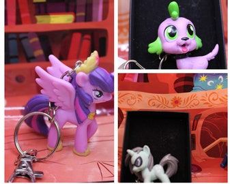 G4 MLP keyring bag charm upcycled. Friendship is magic, Princess Twilight Sparkle, Spike, Spike Dog, Neon Lights. Cranky Doodle donkey