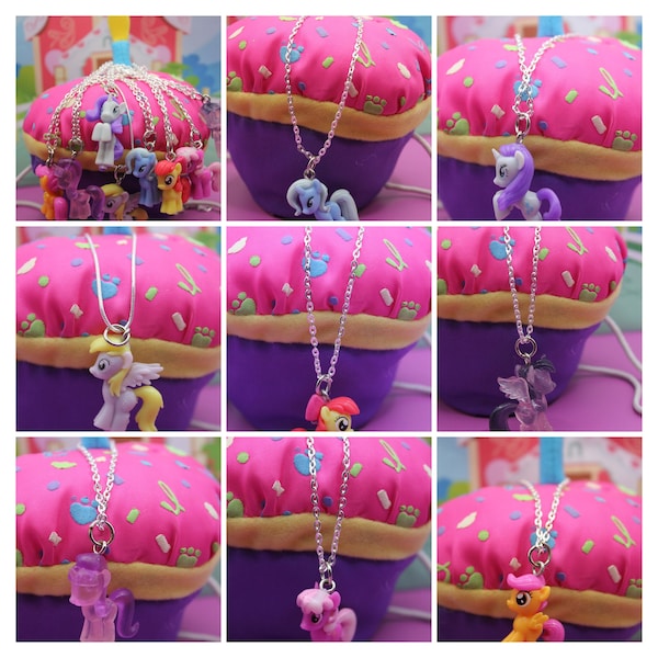 MLP Squishy Pop upcycled to necklaces Scootaloo Derpy Hooves Trixie Lunamoon Apple Bloom Starlight Glimmer Cheerilee Rarity Twilight Sparkle