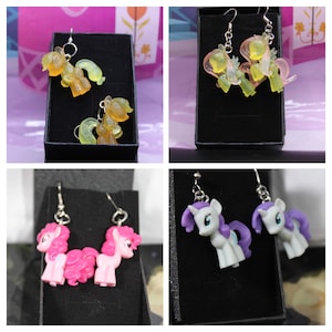 My little pony MLP G4 upcycled squishy pops to drop earrings. clear pops Fluttershy, Applejack, Pinkie Pie, solid pops Rarity, Pinkie Pie