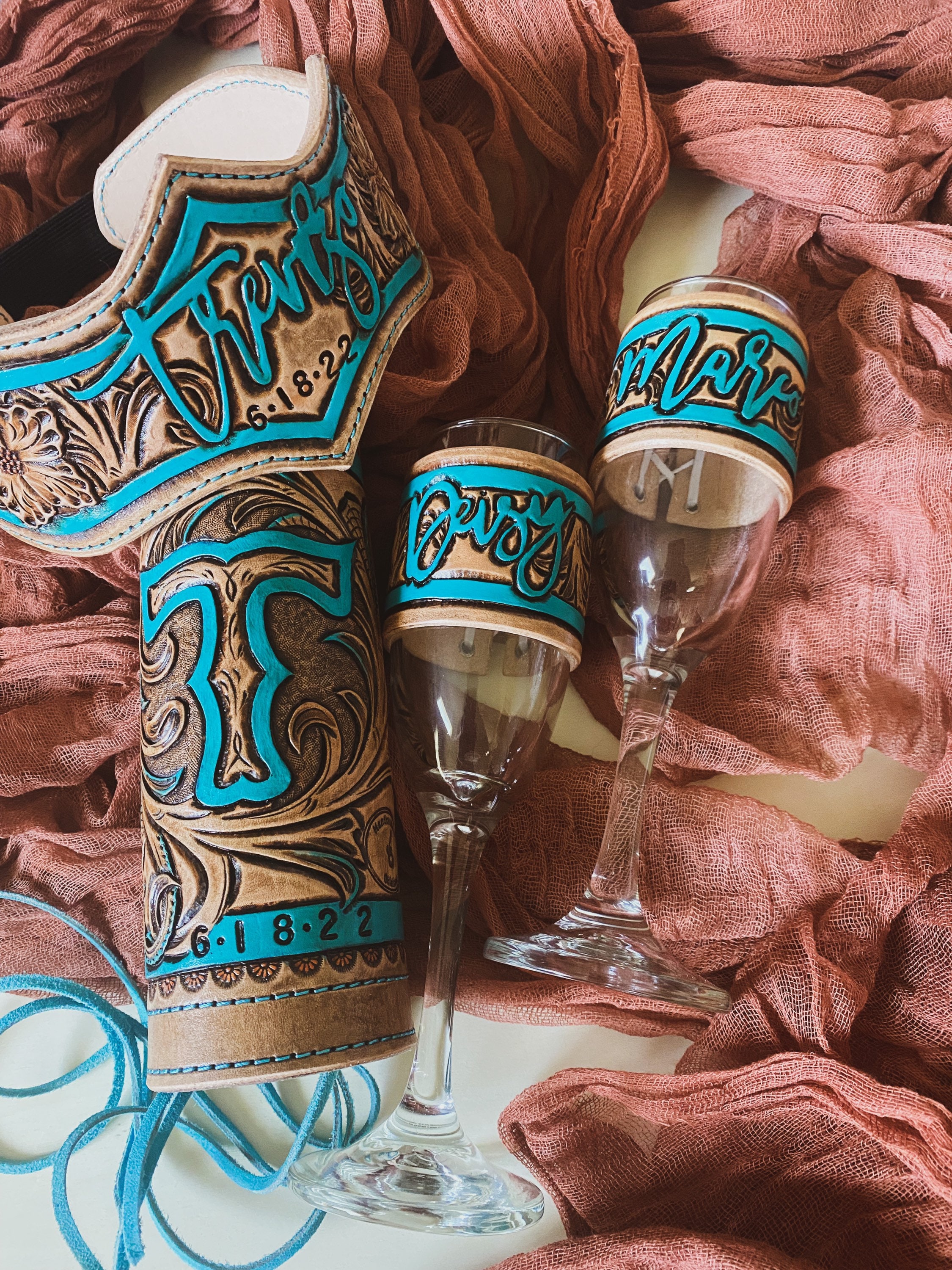 Custom Leather champagne glasses/bouquet wrap/garter