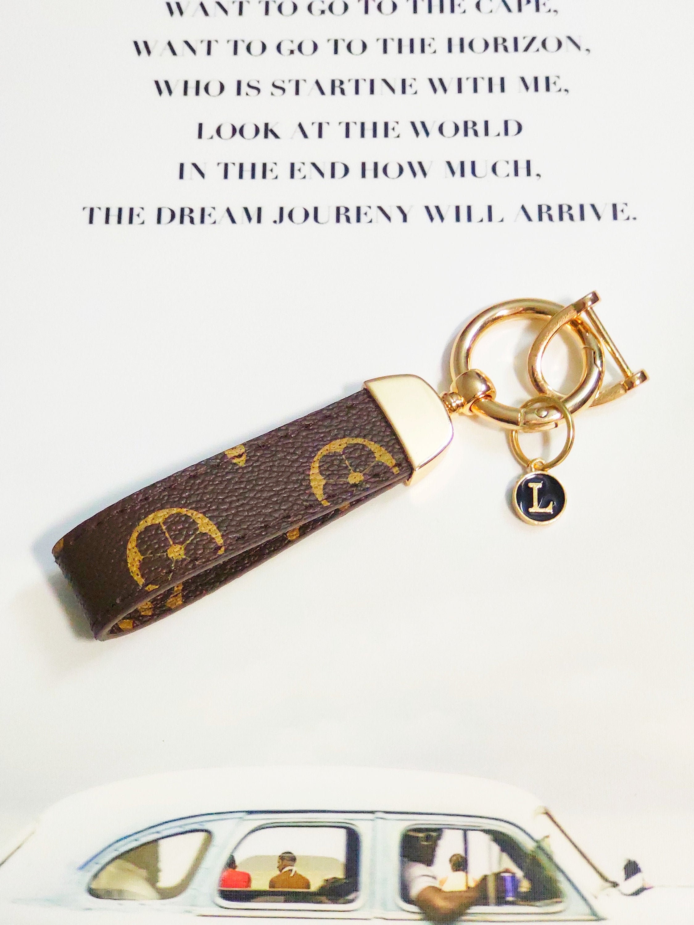 Leather Initial Keychain Gold Etsy