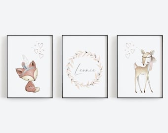 Conjunto de 3 láminas infantiles, tamaño DIN A4, decoración de pared, pósteres para habitación infantil, pósteres infantiles A4 con animales del bosque