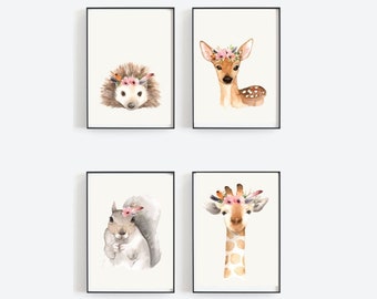 May include: Set of four watercolor animal prints featuring a deer, hedgehog, squirrel, and giraffe, each wearing a floral crown. The prints are in a minimalist style with a white background.