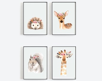 May include: Four watercolor paintings of animals wearing flower crowns. The animals are a hedgehog, a deer, a squirrel, and a giraffe. The paintings are in a minimalist style with a white background.