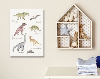 May include: A white canvas print with watercolor illustrations of different dinosaurs. The dinosaurs are labeled with their names: Triceratops, Tyrannosaurus Rex, Stegosaurus, Parasaurolophus, and Diplodocus.