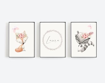 Set de 3 imágenes de animales del bosque, decoración boho DIN A4 para habitación infantil, pósteres para bebé, arte de pared, pósteres infantiles.