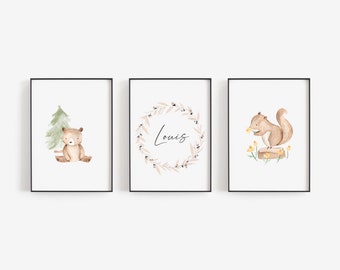 Arte mural, decoración para habitaciones infantiles, pósteres, pósteres para habitaciones de bebés, set de pósteres con nombres, animales del bosque, pósteres personalizados con nombres