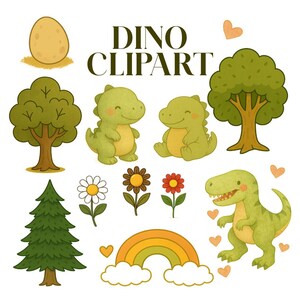 May include: A collection of watercolor-style dinosaur-themed clip art. Includes green dinosaurs, trees, flowers, a rainbow, an egg, and the text "DINO CLIPART". The illustrations have a whimsical and playful aesthetic.