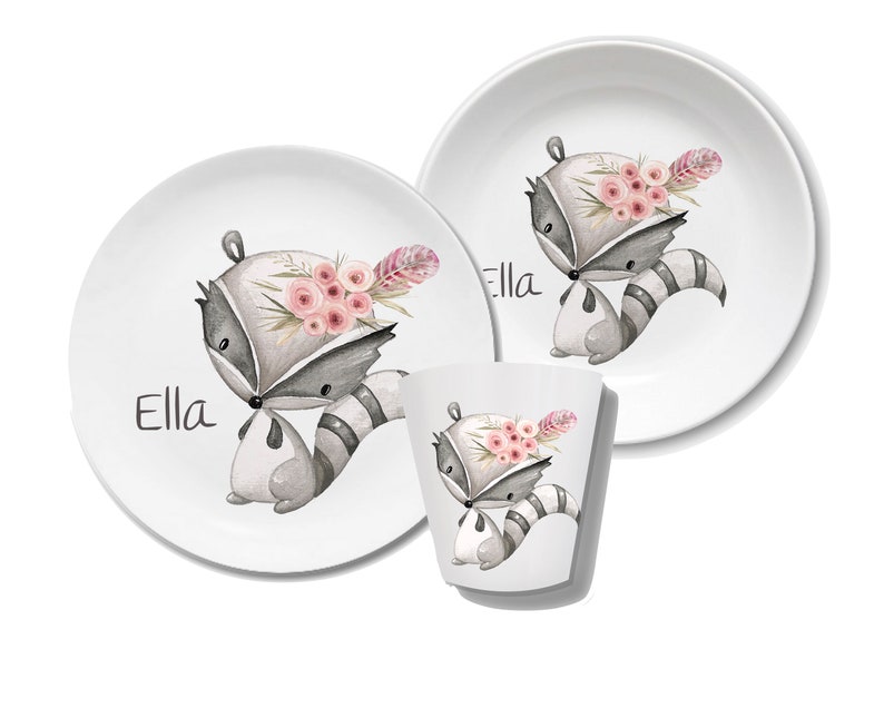 Children's tableware children's plate with name gift birth or baptism, godchild gift toddler, children's tableware personalized Waschbär Mädchen