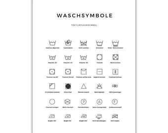 Può includere: Un grafico in bianco e nero con simboli di cura del bucato. Il grafico include simboli per il lavaggio, l'asciugatura, la candeggina, la stiratura e la pulizia a secco. Il testo "WASCHSYMBOLE" e "TEXTILPFLEGESYMBOL" è in cima al grafico.
