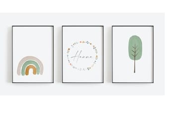 Wall art decor for baby's room, children's room poster set, personalized children's room name poster, tree, rainbow