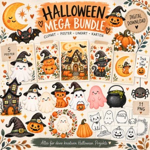 Könnte beinhalten: Ein digitales Halloween-Mega-Bundle mit verschiedenen Illustrationen wie Geistern, Kürbissen, einem Spukhaus, einer schwarzen Katze, einer Fledermaus und einem Kessel. Die Sammlung enthält Cliparts, Poster, Strichzeichnungen und Karten.