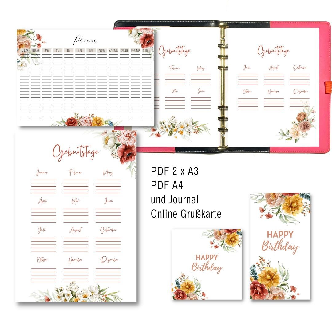 Annual Planner & Birthday Calendar and Journal PDF for Etsy