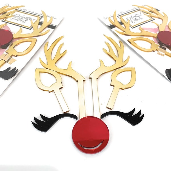 Rudolph the Reindeer Acrylic Cake Topper Set, Gold or Silver Acrylic Reindeer Set, Antlers and Ears are Mirror Gold front and back.