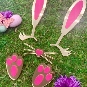 Gold Acrylic and Hot Pink Velvet Bunny Set, Cake Topper, Cake gem, Cake Charm