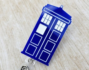 Blue Police Box Badge Reel | Acrylic Badge Holder | Healthcare Worker | RN | Nurse | ID Holder | Medical | The Doctor | Sci-Fi | Geek