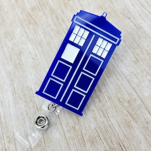 Blue Police Box Badge Reel | Acrylic Badge Holder | Healthcare Worker | RN | Nurse | ID Holder | Medical | The Doctor | Sci-Fi | Geek