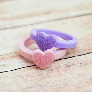 Pink & Purple Heart Acrylic Rings with Engraving, Hockey Romance Inspired Ring Set, Glitter Heart Jewelry, Matching Couple Rings Gift