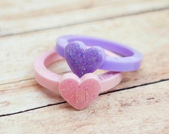 Pink & Purple Heart Acrylic Rings with Engraving, Hockey Romance Inspired Ring Set, Glitter Heart Jewelry, Matching Couple Rings Gift
