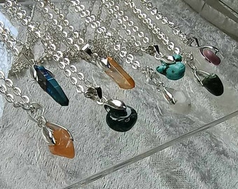 Raw Crystal Necklace, Gemstone Necklace, Genuine Gemstone Pendant Phosphosiderite Seraphinite Moss Agate Aventurine Moonstone Aura Quartz uk