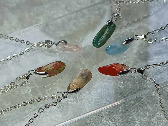 Raw Crystal Tooth Necklace, Genuine Drop Gemstone Pendant, Crazy lace agate, Indian Agate, Unakite, Aquamarine, Red Coral, Morganite