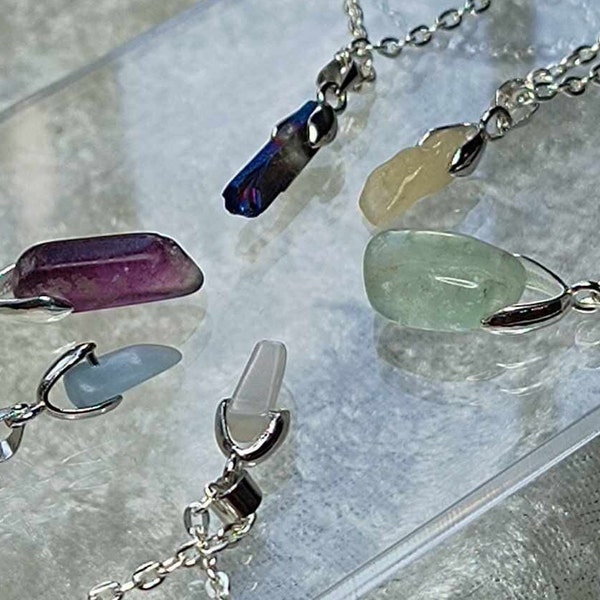 Raw Crystal Tooth Necklace, Genuine Drop Gemstone Pendant Titanium aura quartz Angelite Moonstone Green Fluorite Heliodor Purple fluorite uk